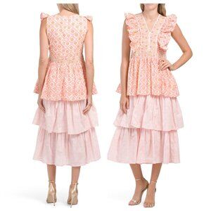 Marea The Fiesta Midi Dress Floral Embroidered Cotton Tiered Ruffle